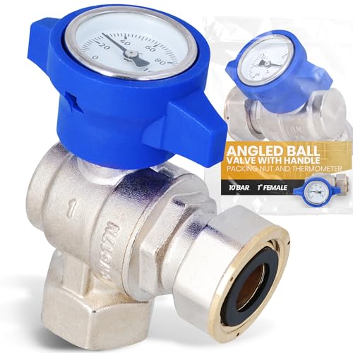 Instalguru Kugelhahn 1'' IG Blau Absperrventil mit Thermometer Winkelkugelhahn Eckventil Thermometergriff 10 bar Verschraubung Winkel Ventil Messing Trinkwasser von Instalguru