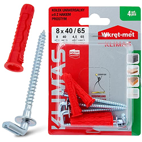 KLIMAS® Universal-Dübel Ø 8 x 40 mm Rot & Gerade Schraubhaken mit Schlitz Ø 4,5 x 65 mm 4 Stück | Edelstahlschrauben Galvanisch Verzinkt Dübel Schrauben Set Befestigung in Beton Ziegeln Gipsbauplatten von Instalguru