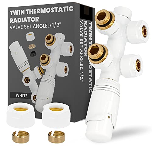 Multiblock Set Heizkörper Thermostat-Heizkörperventil-Set Eckform 1/2'' Weiß Anschlussarmatur Thermotstat Hahnblock Ventil Heizungszubehör Zweirohrsystem Zentralheizung Thermostatregler Badheizkörper von Instalguru