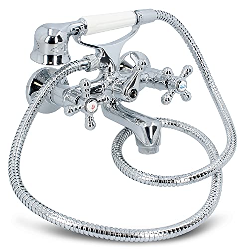 Nostalgie Retro Badewannenarmatur + Handbrause Duschkopf Mit Schlauch Zwei Griffe Mischbatterie Badewanne Wasserhahn Bad Messing Verchromt | Vintage Kreuzgriff Armatur Hot & Cold Wandmontage von Instalguru