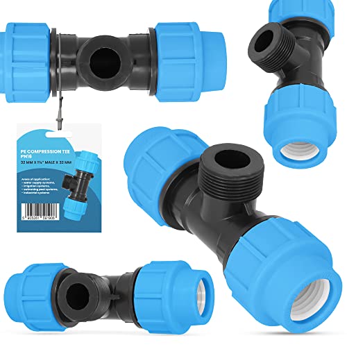 PE-Rohr T-Stück PN16 (32 mm x 1 1/4'' AG x 32 mm)Fitting Verbinder Wasserrohr Bewässerungssystem Dauerhaftes Verbindungsstück für Wasser Bewässerungssysteme Versorgungsleitung Pipeline Sprinklersystem von Instalguru