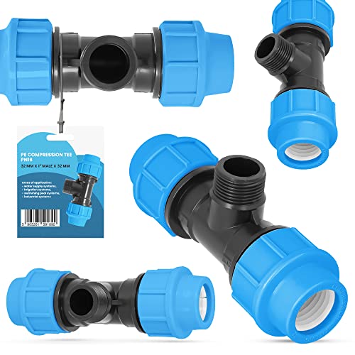 PE-Rohr T-Stück PN16 (32 mm x 1'' AG x 32 mm) Fitting Verbinder Wasserrohr Bewässerungssystem Dauerhaftes Verbindungsstück für Wasser Bewässerungssysteme Versorgungsleitung Pipeline Sprinklersystem von Instalguru