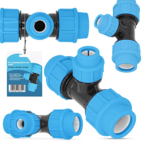 PE-Rohr T-Stück PN16 (32 mm x 20 mm x 32 mm) Fitting Verbinder Wasserrohr Bewässerungssystem Dauerhaftes Verbindungsstück für Wasser Bewässerungssysteme Versorgungsleitung Pipeline Sprinklersystem von Instalguru