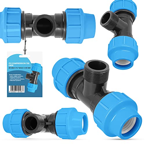 PE-Rohr T-Stück PN16 (40 mm x 1 1/2" AG x 40 mm)Fitting Verbinder Wasserrohr Bewässerungssystem Dauerhaftes Verbindungsstück für Wasser Bewässerungssysteme Versorgungsleitung Pipeline Sprinklersystem von Instalguru