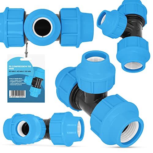 PE-Rohr T-Stück PN16 (50 mm x 40 mm x 50 mm) Fitting Verbinder Wasserrohr Bewässerungssystem Dauerhaftes Verbindungsstück für Wasser Bewässerungssysteme Versorgungsleitung Pipeline Sprinklersystem von Instalguru