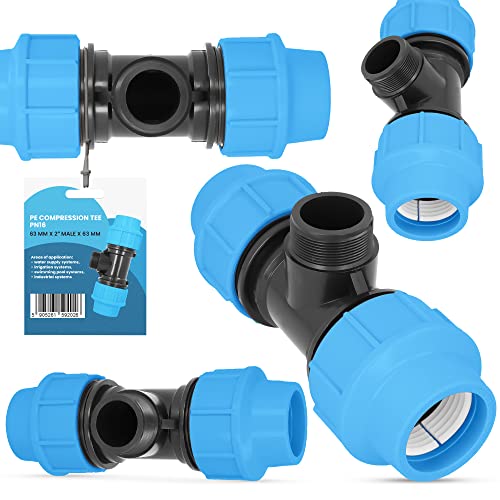 PE-Rohr T-Stück PN16 (63 mm x 2'' AG x 63 mm) Fitting Verbinder Wasserrohr Bewässerungssystem Dauerhaftes Verbindungsstück für Wasser Bewässerungssysteme Versorgungsleitung Pipeline Sprinklersystem von Instalguru