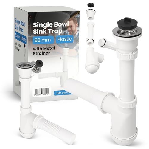 Siphon 50 mm für Waschbecken & Waschtischmit mit Abflusssieb Metall Sieb & Stöpsel Für Spülbecken Siphon Waschbecken Ablaufgarnitur Spüle Zubehör Syphon Badezimmer Küchenspüle Abflussrohr Abfluss von Instalguru