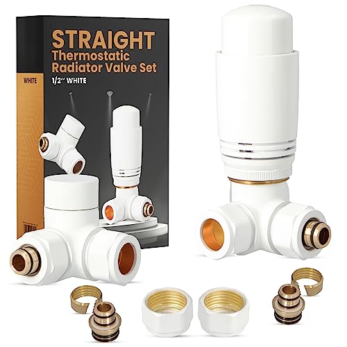 Thermostat Ventil-Armaturen Axialform 1/2" Set Weiß Heizkörper Thermostatkopf Heizungsventil Heizkörperventil Thermostat-Komplett-Set Design Anschlussgarnitur Heizungszubehör von Instalguru