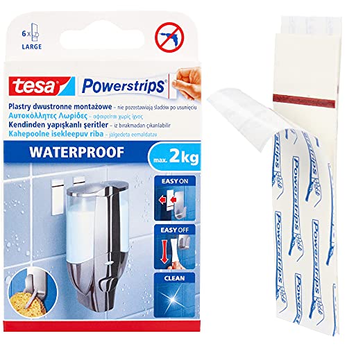 tesa Powerstrips® Waterproof Large mit 6 Power Strips Weiß + 6 Reinigungstücher bis zu 2 kg Gewicht | Wasserfest Spurlos Wieder Ablösbar Zubehör fur Badezimmer & Dusche Badzubehör | Kleben Ohne Bohren von Instalguru