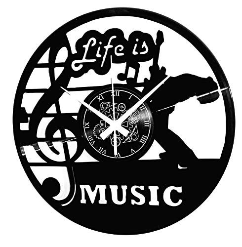 Instant Karma Clocks Vinyl Wanduhr Life is Music Gitarre Musik Bass Rock Band Geschenkidee, Schwarz von Instant Karma Clocks
