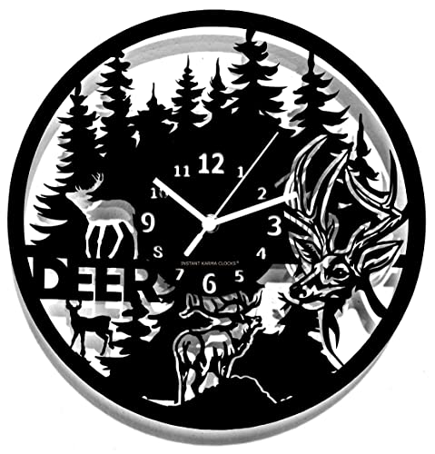 Instant Karma Clocks Wanduhr Deer Hirsch Wald Tiere Jäger Ø30cm, Schwarz, Holz von Instant Karma Clocks
