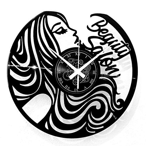 Instant Karma Clocks Wanduhr aus Vinyl Schallplattenuhr mit Schönheitszentrum Beauty Salon Friseursalon Motiv Kosmetikerin Nagelstudio von Instant Karma Clocks