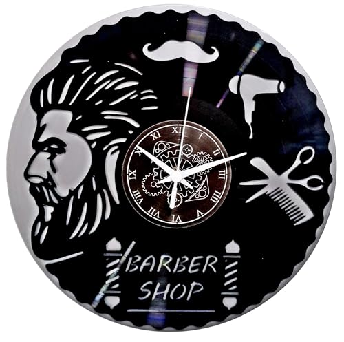 Instant Karma Clocks - Vinyl Wanduhr Vintage Schallplatten-Design handgemachte Dekor Friseur Modernes Design Barber Shop Bart Friseursalon (Schwarz und Silber) von Instant Karma Clocks
