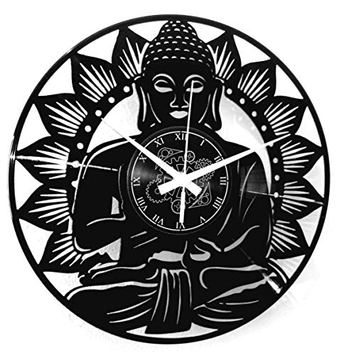 Instant Karma Clocks Wanduhr mit geräuschlosem Uhrwerk Dekouhr Küchenuhr Baduhr Buddha Mandala Yoga Tempelkunst, schwarz, handgemacht, 968 von Instant Karma Clocks