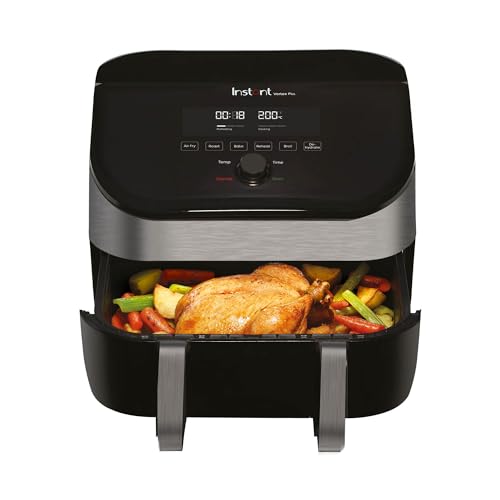 Instant VersaZone Heißluftfritteuse/XXL Single + Doppelkammer in 1-8.5L Digitaler Air Fryer Edelstahl, 8-in-1 Smart Programme - Frittieren, Backen, Braten, Grillen, Dörren, Aufwärmen von Instant