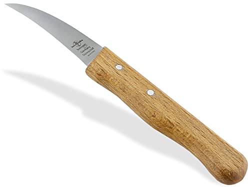 Schälmesser aus Solingen Gemüsemesser Vogelschnabel Universal Messer mit Rostfreier gebogener Messerklinge Küchenmesser mit Buchenholz Griff Made in Germany Kleines Holzmesser für Küchenarbeiten von InstrumenteNrw