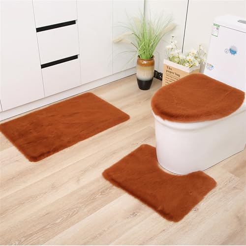Insun Badezimmerteppich Set 3 Teilig, Flauschig Kunstfell Badezimmerteppich Anti-Rutsch Waschbar mit WC Vorleger und Toilettendeckelbezug Braun von Insun