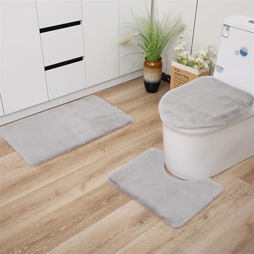Insun Badezimmerteppich Set 3 Teilig, Flauschig Kunstfell Badezimmerteppich Anti-Rutsch Waschbar mit WC Vorleger und Toilettendeckelbezug Hellgrau von Insun