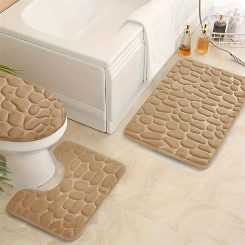 Insun Badezimmerteppich Set 3 Teilig, Weiche Saugfähig Samt rutschfest Badematten und U Form WC-Vorleger Khaki von Insun