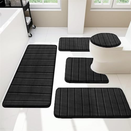 Insun Badezimmerteppich Set 5 Teilig, Weiche Saugfähig Samt rutschfest Badematte, U Form WC-Vorleger und WC-Deckelbezug Gestreift Schwarz von Insun