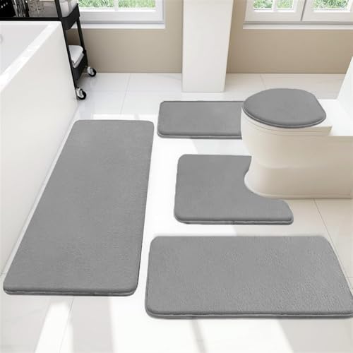 Insun Badezimmerteppich Set 5 Teilig, Weiche Saugfähig Samt rutschfest Badematte, U Form WC-Vorleger und WC-Deckelbezug Grau von Insun