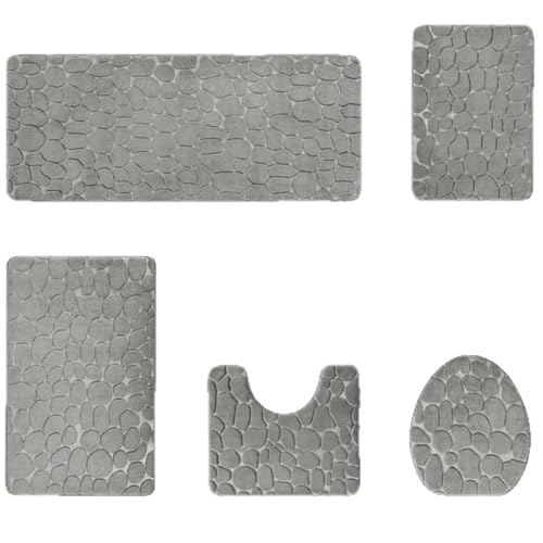 Insun Badezimmerteppich Set 5 Teilig, Weiche Saugfähig Samt rutschfest Badematte, U Form WC-Vorleger und WC-Deckelbezug Kopfsteinpflaster Grau von Insun