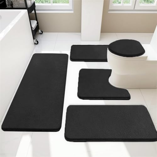 Insun Badezimmerteppich Set 5 Teilig, Weiche Saugfähig Samt rutschfest Badematte, U Form WC-Vorleger und WC-Deckelbezug Schwarz von Insun