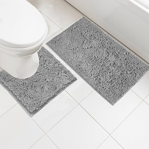Insun Chenille Badezimmerteppich Set 2 Teilig, Badematte rutschfest Saugfähig Waschbar für Badezimmer Dunkelgrau 50 x 80 cm + U-förmig 50 x 50 cm von Insun