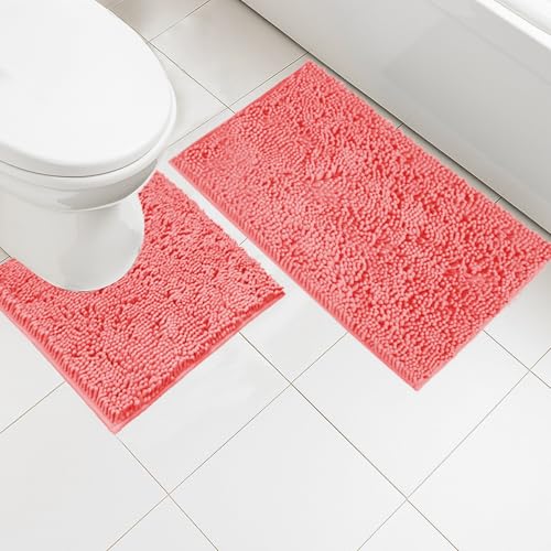Insun Chenille Badezimmerteppich Set 2 Teilig, Badematte rutschfest Saugfähig Waschbar für Badezimmer Pfirsichrosa 50 x 80 cm + U-förmig 50 x 50 cm von Insun