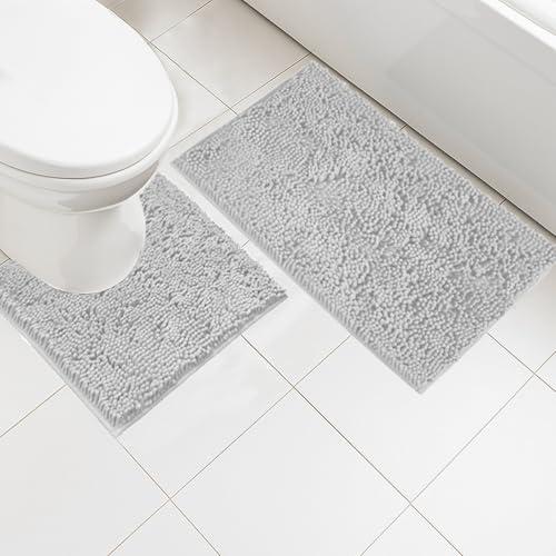 Insun Chenille Badezimmerteppich Set 2 Teilig, Badematte rutschfest Saugfähig Waschbar für Badezimmer Silber Grau 50 x 80 cm + U-förmig 50 x 50 cm von Insun