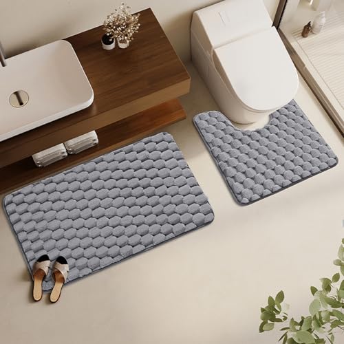 Insun Flanell Badezimmerteppich, U Förmige WC Vorleger, Badematte rutschfest Saugfähig Dunkelgrau 40 x 60 cm + U-förmig 40 x 50 cm von Insun
