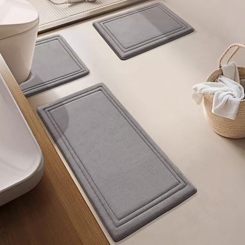 Insun Memoryschaum Badezimmerteppich, U Förmige WC Vorleger, Badematte rutschfest Saugfähig Hellgrau 50 x 80 cm + 40 x 60 cm + U-förmig 40 x 50 cm von Insun