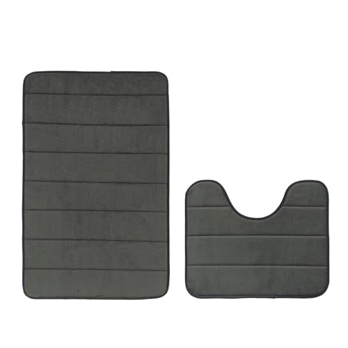 Insun Memoryschaum Badezimmerteppich Set 2 Teilig, Badematte rutschfest Saugfähig Waschbar für Badezimmer Dunkelgrau 50 x 80 cm + U-förmig 40 x 50 cm von Insun