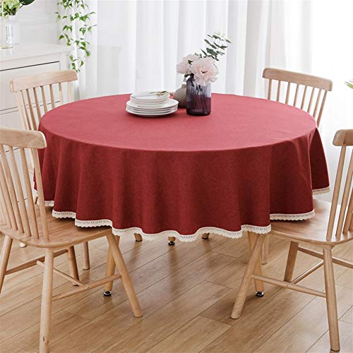 Insun Modern Tischdecke Rund Gartentischdecke mit Spitze Rand Baumwolle Leinen Tischtuch Abwaschbar Rot 120cm Durchmesser von Insun