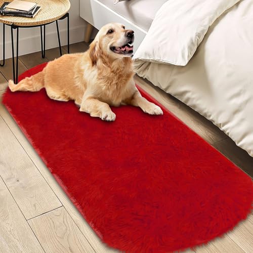 Insun Teppich Oval Wohnzimmer Hochflor Flauschig Waschbar Shaggy rutschfest Teppiche Schlafzimmer Rot 90 x 305 cm von Insun