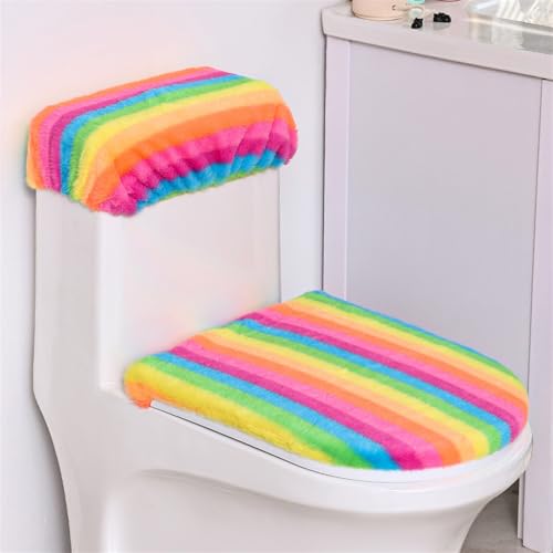 Insun Toiletten Sitzbezug und Tankschutzabdeckung Plüsch Elastisches Waschbar für Meisten Toiletten Gestreift Regenbogen 2 von Insun