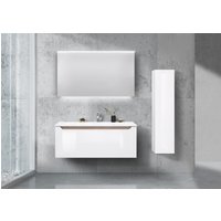 Badezimmermöbel Set grifflos 120cm Waschtisch, Led Spiegel und Hochschrank Weiß Hochglanz Lack von Intarbad