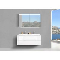 Design Badmöbel Cubo 120 cm Doppelwaschtisch weiß hochglanz, mit Unterschrank Led Spiegelschrank von Intarbad