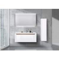 Design Badmöbel Set 120 cm, mit Hochschrank und Led Spiegel Weiß Hochglanz Lack von Intarbad