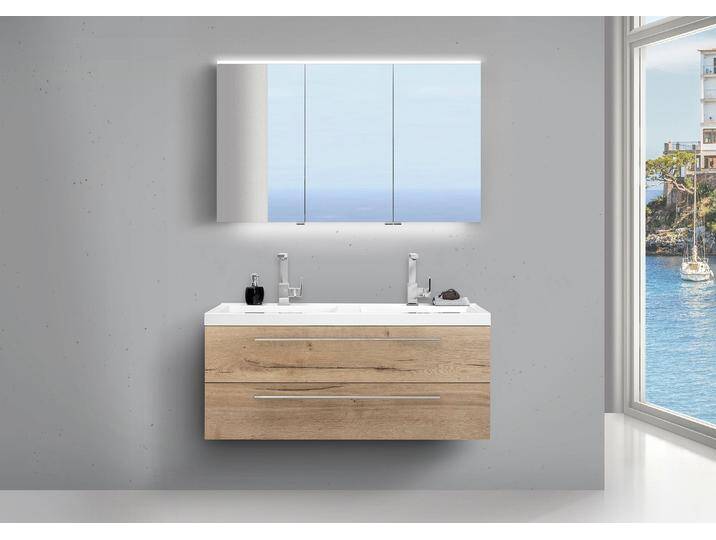 Design Badmöbel Set mit LED Spiegelschrank und Doppelwaschtisch Evermite in 120cm von Intarbad