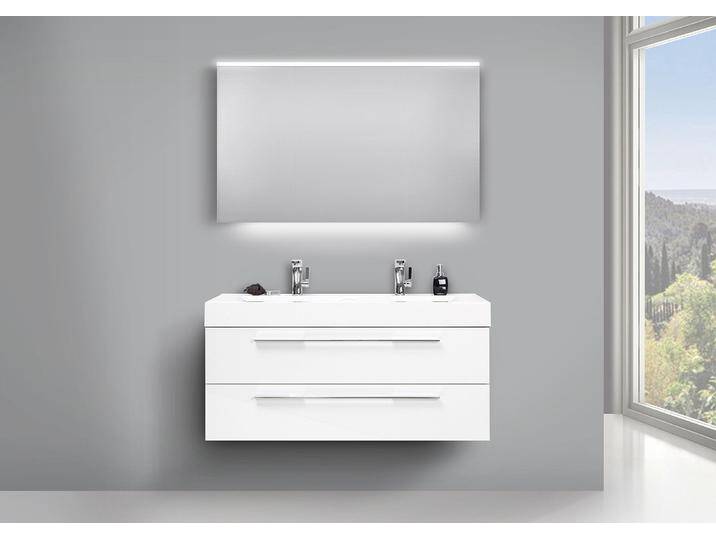 Design Doppelwaschtisch, Unterschrank 120cm Weiss und LED Lichtspiegel Bad Set von Intarbad