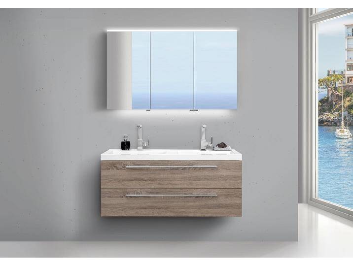 Design Doppelwaschtisch Bad Set Trüffel und LED Spiegelschrank doppelt verspiegelt von Intarbad