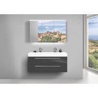 Design Doppelwaschtisch Badezimmer Set mit Unterschrank und LED Spiegelschrank von Intarbad