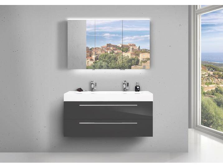 Design Doppelwaschtisch Badezimmer Set mit Unterschrank und LED Spiegelschrank von Intarbad