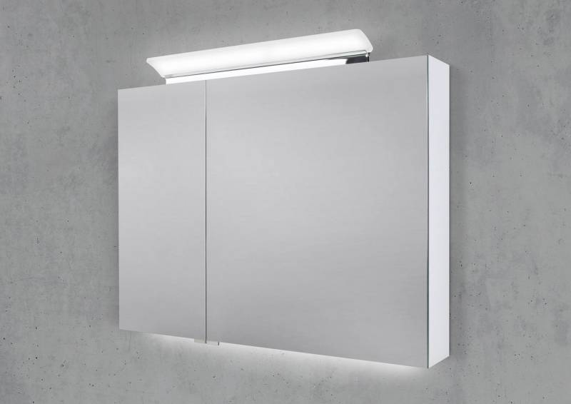 Intarbad Badezimmerspiegelschrank 90 cm LED Acryl Aufsatzleuchte doppelseitig verspiegelt Waschtisch von Intarbad