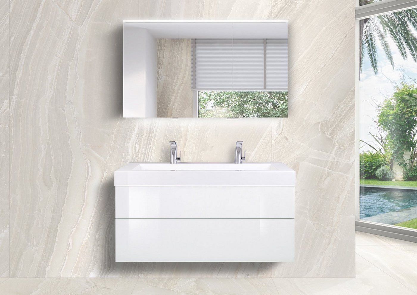 Intarbad Badmöbel-Set Badmöbel LIGNUM grifflos 120 cm Doppelwaschbecken, Multi Led von Intarbad