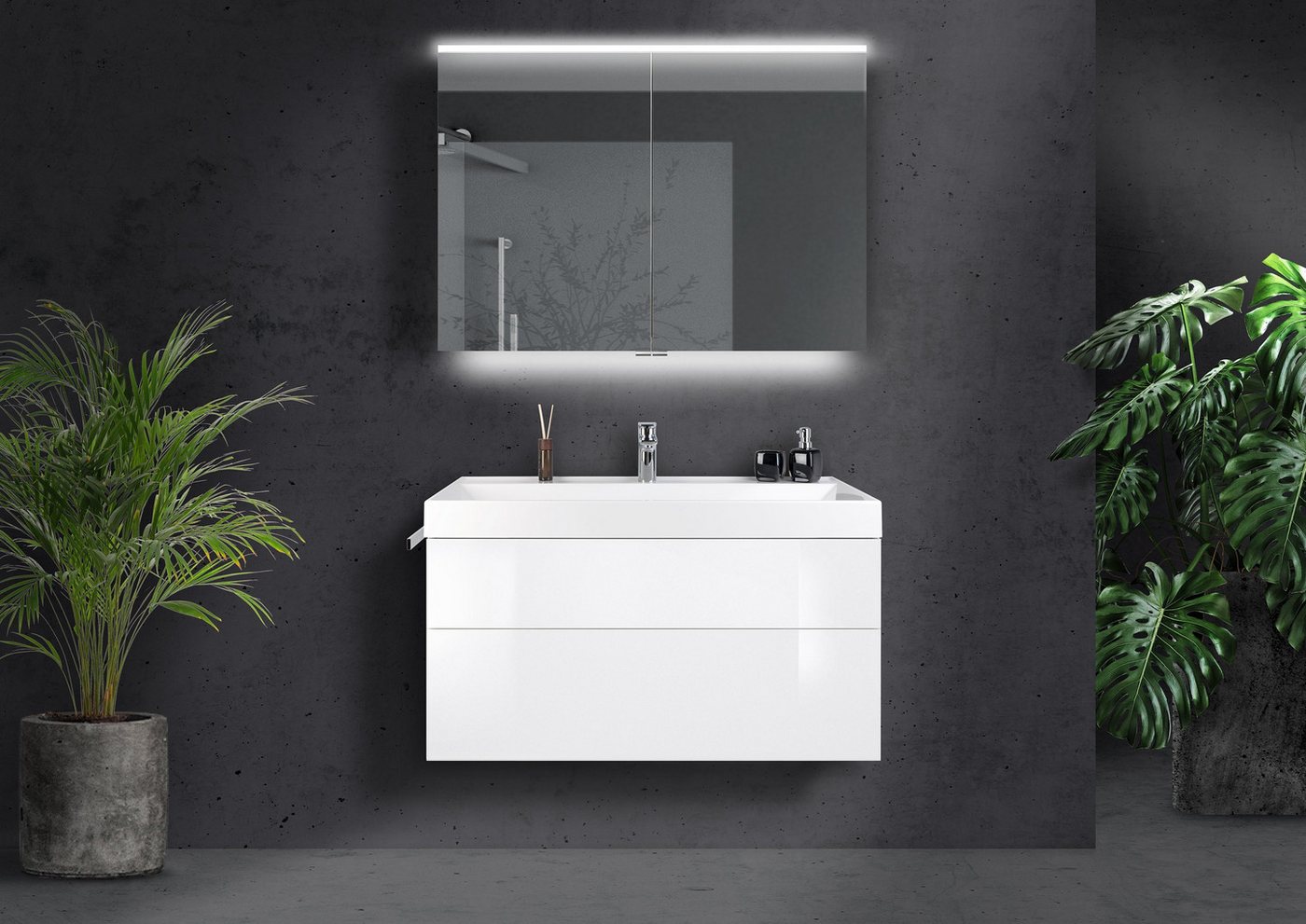 Intarbad Badmöbel-Set Badmöbel Set 100 cm, Multi LED Spiegelschrank, grifflos mit Push to von Intarbad
