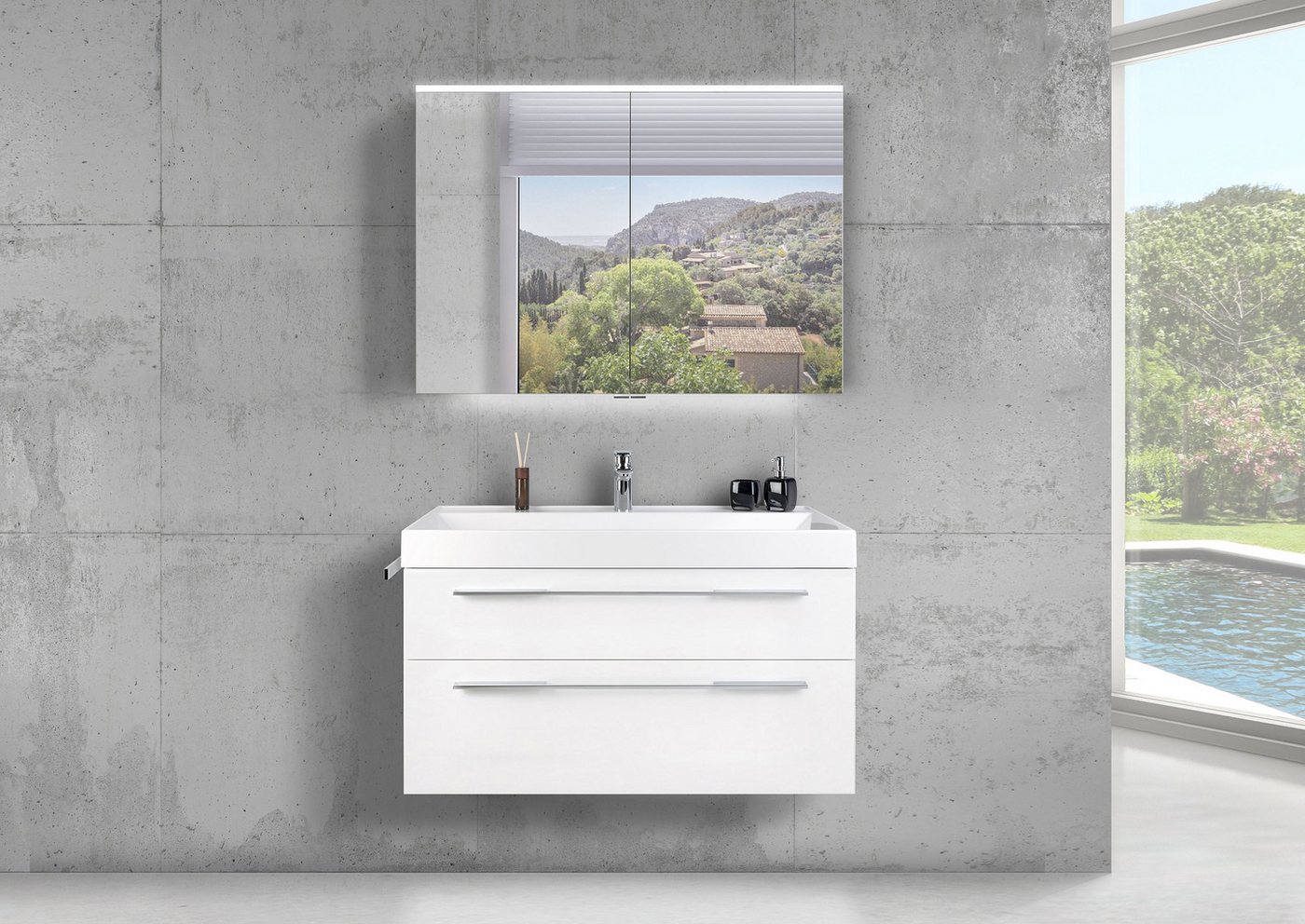 Intarbad Badmöbel-Set Badmöbel Set 100 cm, Spiegelschrank Multi LED beidseitig verspiegelt von Intarbad
