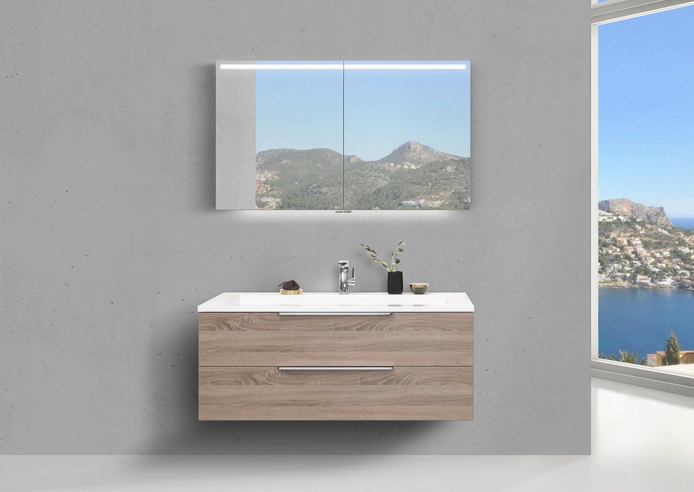 Intarbad Badmöbel-Set Badmöbel Set CUBO 120 cm Evermite Waschtisch, mit Led Spiegelschrank von Intarbad