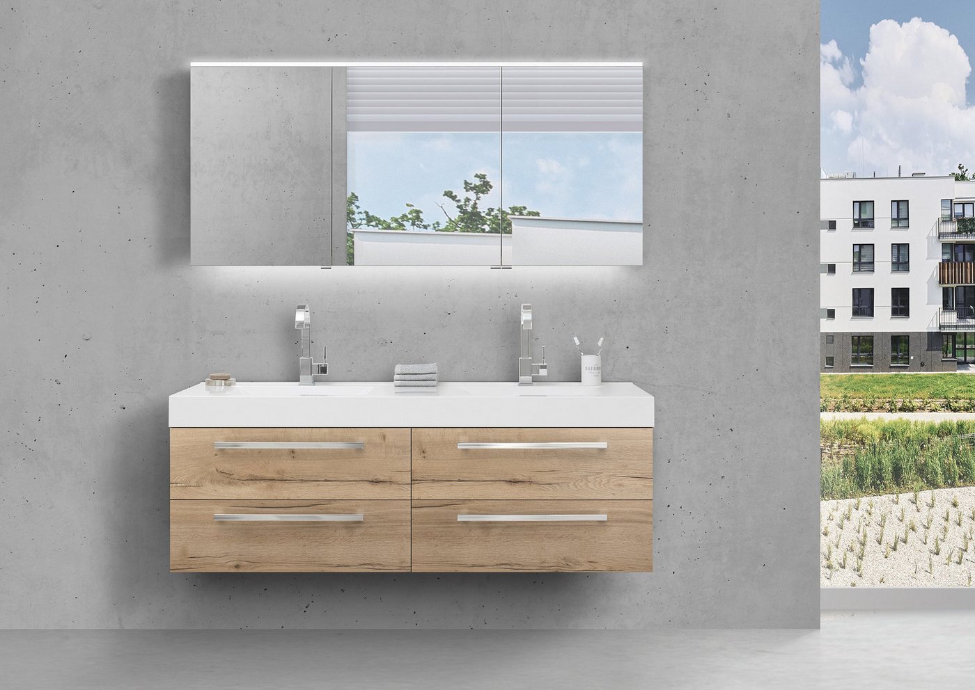 Intarbad Badmöbel-Set Badmöbel Set Doppelwaschtisch 160 cm mit 4 Auszügen MULTI Light LED von Intarbad